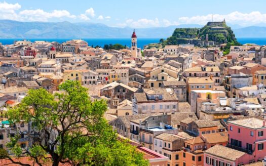 A comparison of property investment opportunities in Corfu and Crete, showcasing scenic views of both islands with real estate properties.