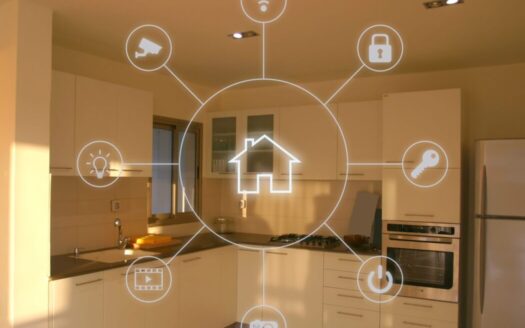 Modern Greek home with smart technology including automated lighting, solar panels, and security cameras in 2025