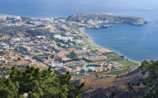 A panoramic view of Corfu showcasing attractive residential and commercial properties ideal for long-term investment.