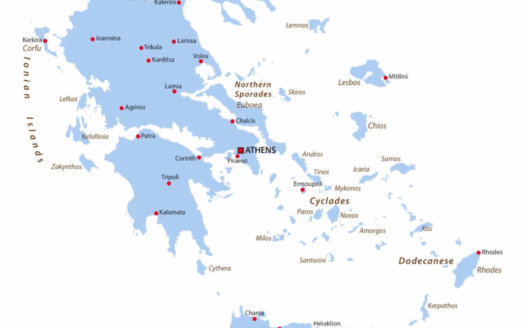 Map of Greece with highlighted regions for real estate investment in 2025, showcasing the top cities and islands for profitable property investments.