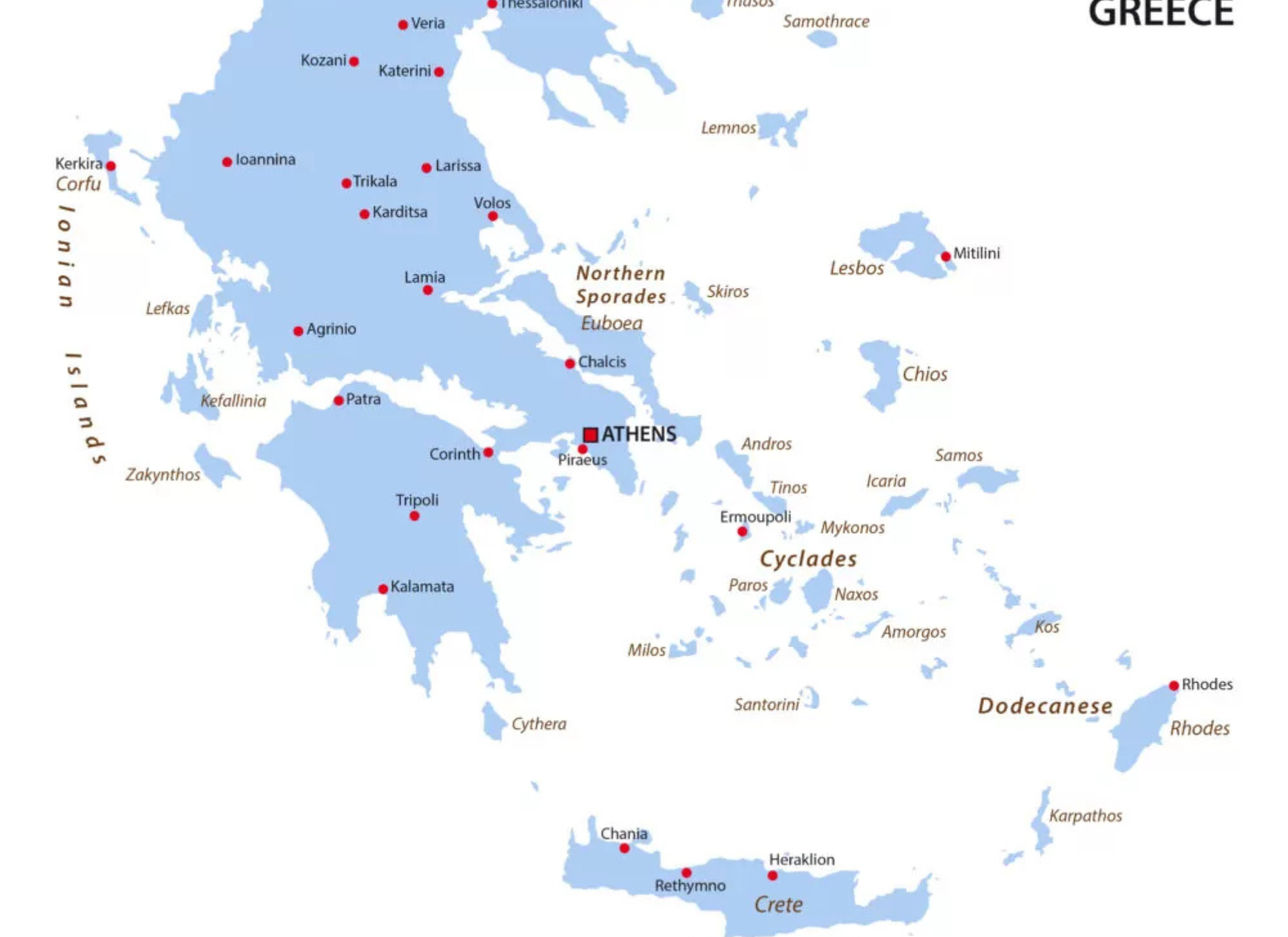 Map of Greece with highlighted regions for real estate investment in 2025, showcasing the top cities and islands for profitable property investments.