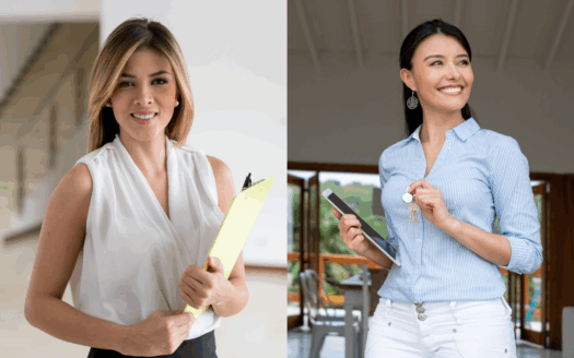 Realtor and real estate agent in Greece explaining property deals to clients.