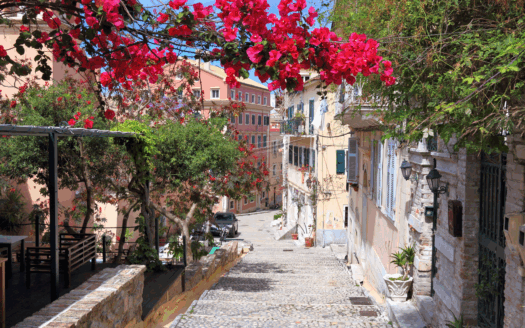 A family-friendly neighborhood in Corfu with homes, parks, and recreational areas perfect for raising children.