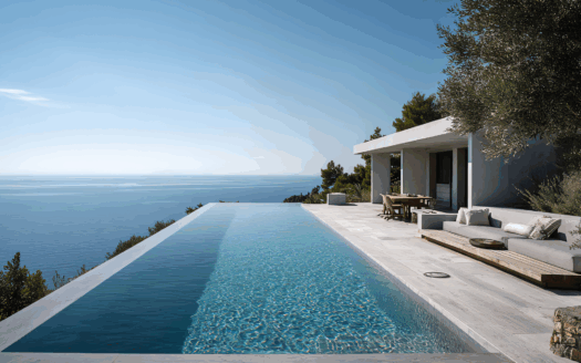 Coastal villa in Corfu with expansive sea views and outdoor living spaces.