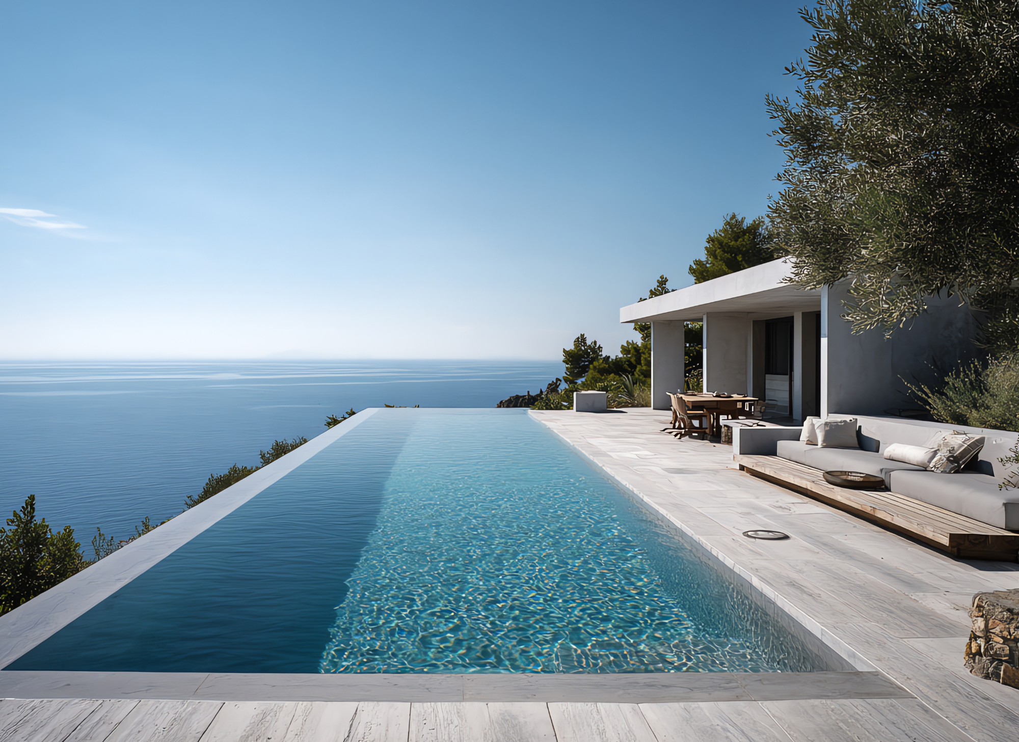 Coastal villa in Corfu with expansive sea views and outdoor living spaces.