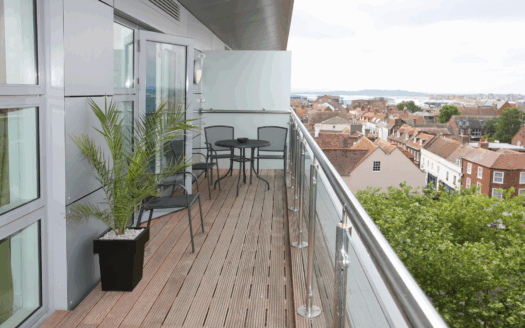 Modern apartment with balcony and sea view in Corfu."