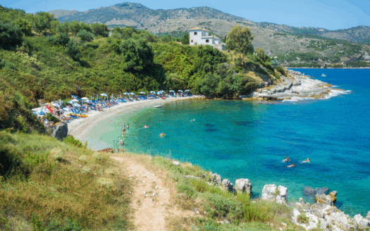 Aerial view of Kassiopi Corfu and its crystal-clear beaches
