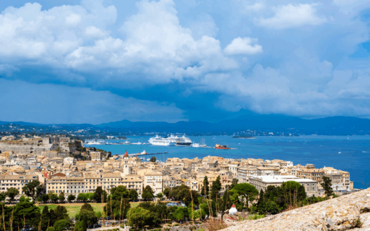 Scenic view of Corfu from the ferry on a sunny day