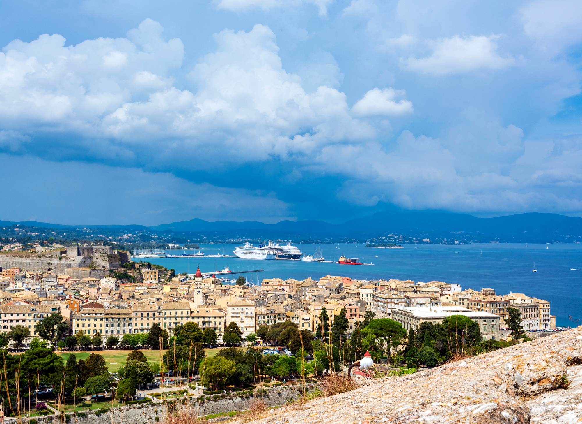 Scenic view of Corfu from the ferry on a sunny day