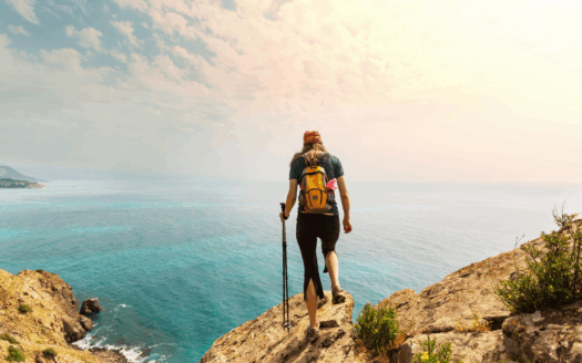 Hiking in Corfu with layered clothing during spring season