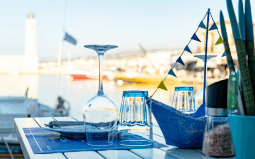 Gouvia marina with yachts and waterfront restaurants