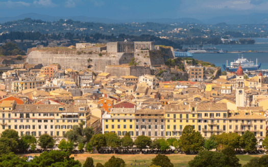 View of Corfu Old Fortress with scenic harbor in the background