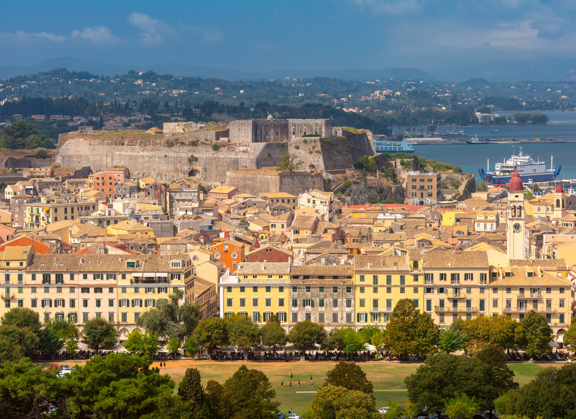 View of Corfu Old Fortress with scenic harbor in the background