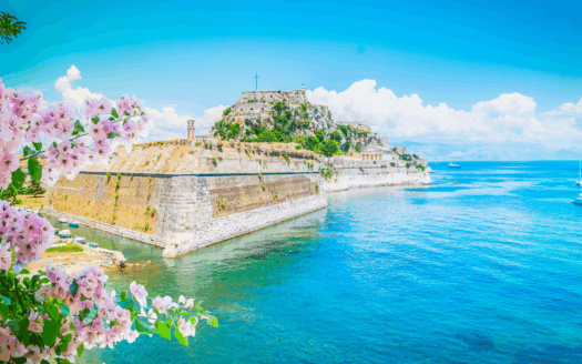 Corfu Town with sunny skies and Mediterranean landscape